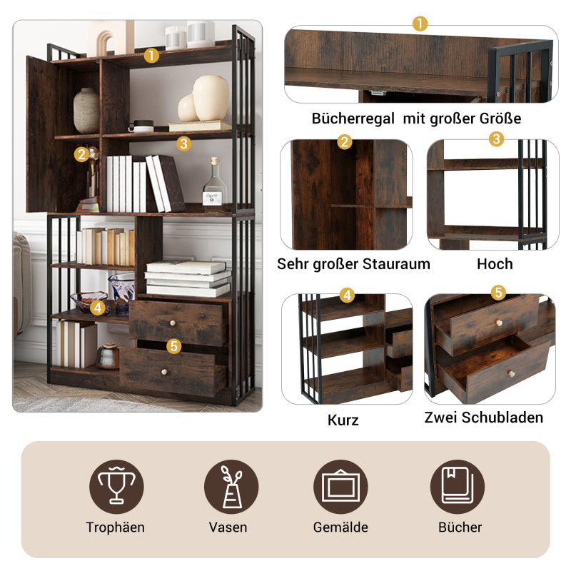Bücherregal, 6 Regal Bücherregal mit mit Türen und  Schubladen industrielle Bücherregal, Stahlregal, antik braun