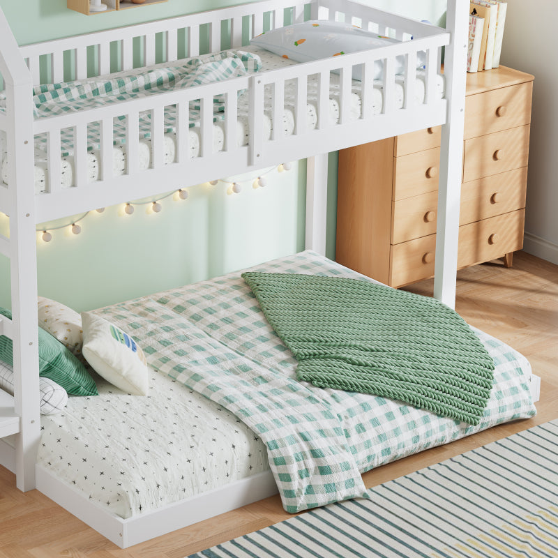 [29994142WAA]Etagenbett, Hausbett mit Treppe, Kinderbett mit Fallschutz und Gitter, Rahmen aus Kiefer, weiß (90x200&140*190cm)