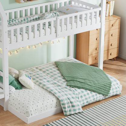 [29994142WAA]Etagenbett, Hausbett mit Treppe, Kinderbett mit Fallschutz und Gitter, Rahmen aus Kiefer, weiß (90x200&140*190cm)