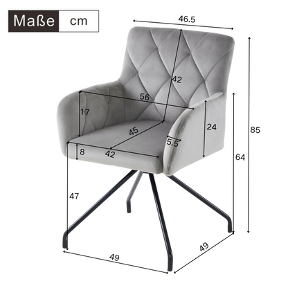 2er Set Esszimmerstühle mit Rautenmuster,Gepolsterter Sessel mit 4 Metallbeinen, Lendenwirbelstütze, Samt,hellgrau