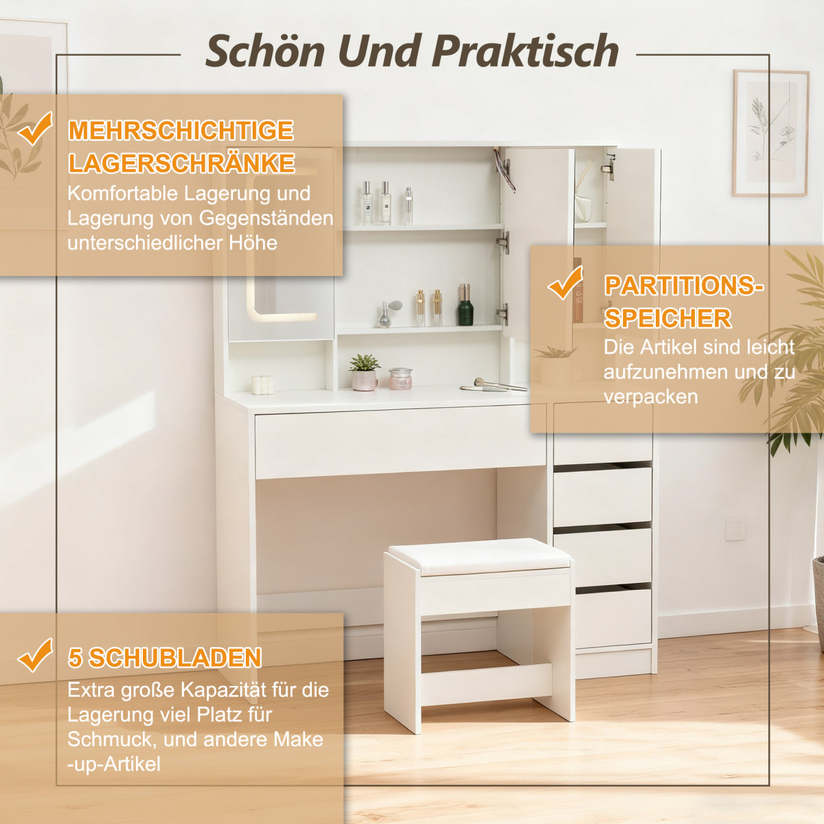 Schminktisch Frisiertisch Kosmetiktisch mit Hocker Beleuchtung Spiegel Weiß