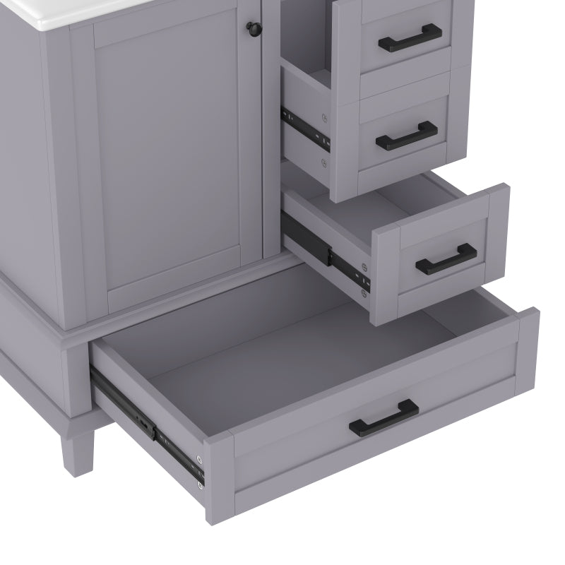 Bodenstehender Badezimmerschrank mit Waschbecken, Waschtisch, komplett lackiert, Türregal, drei geräuschlose Schubladen, integriertes Keramikwaschbecken, Grau