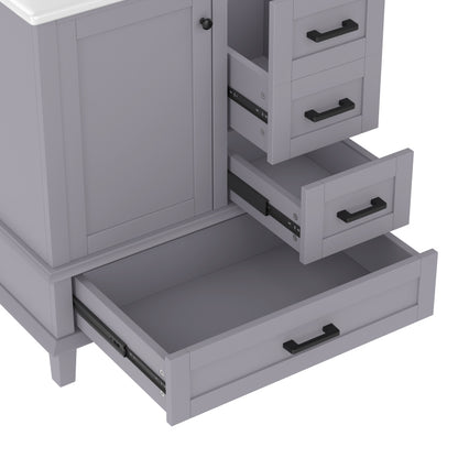 Bodenstehender Badezimmerschrank mit Waschbecken, Waschtisch, komplett lackiert, Türregal, drei geräuschlose Schubladen, integriertes Keramikwaschbecken, Grau