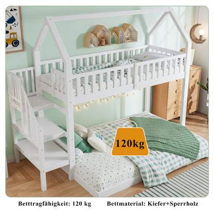 [29994142WAA]Etagenbett, Hausbett mit Treppe, Kinderbett mit Fallschutz und Gitter, Rahmen aus Kiefer, weiß (90x200&140*190cm)