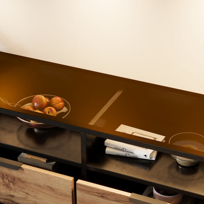Kommode Sideboard aus Bernstein Glas, Sideboard mit Metallgriffen, Kommode mit 6 Schubladen und 2 Fächern , kippsicher, 120 x 40 x 80 cm, Eiche