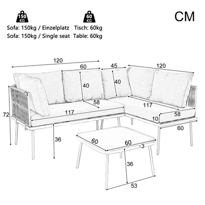 Garten-Lounge-Set aus Eisen, Gartenmöbel-Set aus grauem Seil, L-förmiges Gartenmöbel-Set, Lounge-Set aus grauem Seil mit Sitzkissen, verstellbaren Füßen, 2 Sofas und 1 Tisch