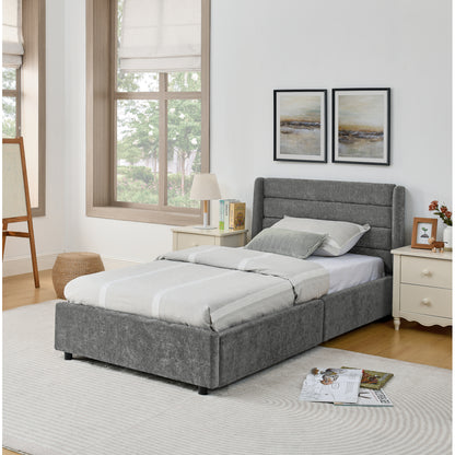 Einzelbett 90×200 cm mit Chenille-Oberfläche & 2 Schubladen, stabiles Bettgestell aus Holz/Metall, ideal für Kinder-, Jugend- & Gästezimmer, Gray (ohne Matratze)