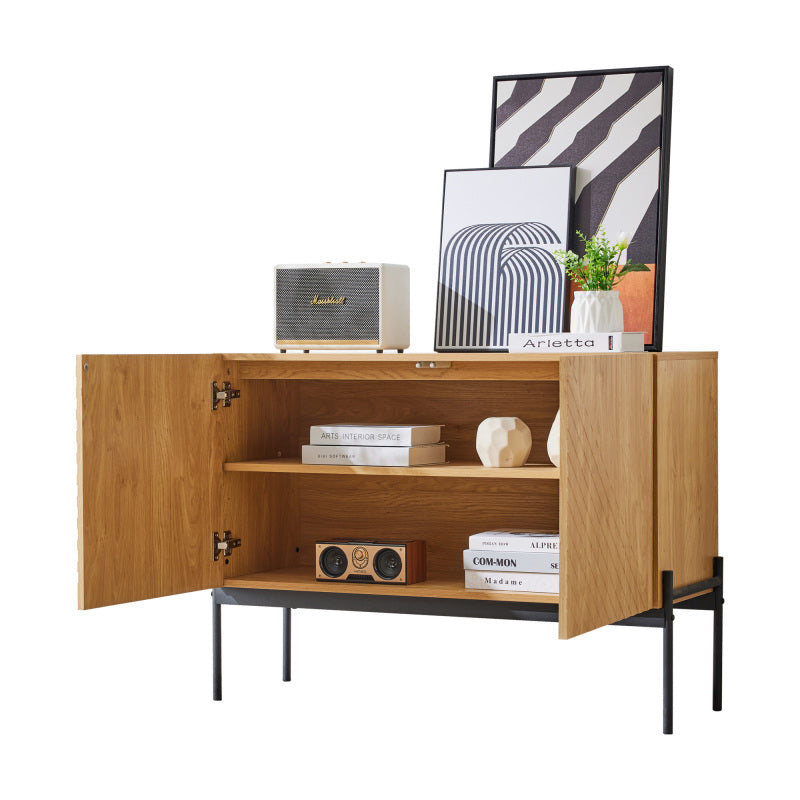 Sideboard mit 2 Türen und Metallbeinen, Buffet, Kommode mit Linien-Design, Maße: H 75 cm / B 100 cm / T 40 cm