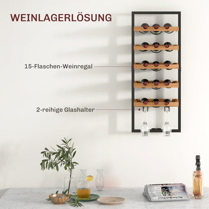 Weinregal wandmontierbar mit 5 Ebenen, Weinständer für 15 Flaschen und 4 Gläser, Kiefernholz, Stahl, für Küche Esszimmer Bar, Braun