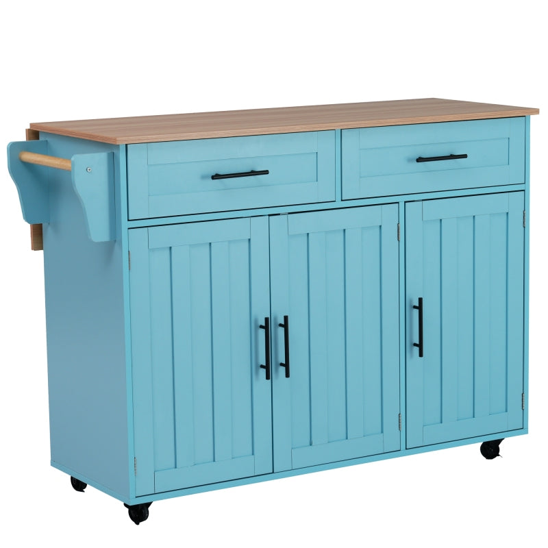 129x46(71)x91,5 cm großer Speisewagen/Sideboard, Arbeitsplatte mit Massivholzmaserung + blauer Schrank/faltbare Arbeitsplatte/Aufbewahrungstür-Design/Räder/Massivholzfüße umschaltbar/für Zuhause geeig