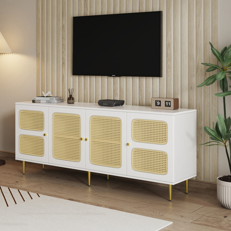 Eleganter Weißer Rattan-TV-Schrank 180x40x72 cm - Mit 4 Rattantüren, Höhenverstellbaren Regalen und Kabelmanagement, Für bis zu 80 Zoll Fernseher,TV-Schränke,Lowboards