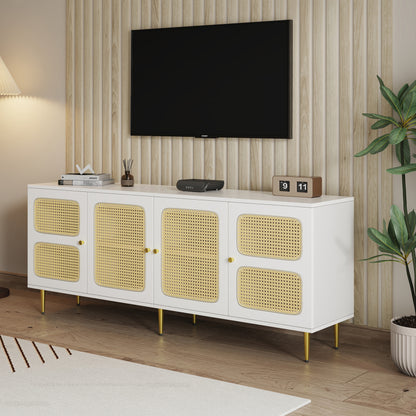 Eleganter Weißer Rattan-TV-Schrank 180x40x72 cm - Mit 4 Rattantüren, Höhenverstellbaren Regalen und Kabelmanagement, Für bis zu 80 Zoll Fernseher,TV-Schränke,Lowboards