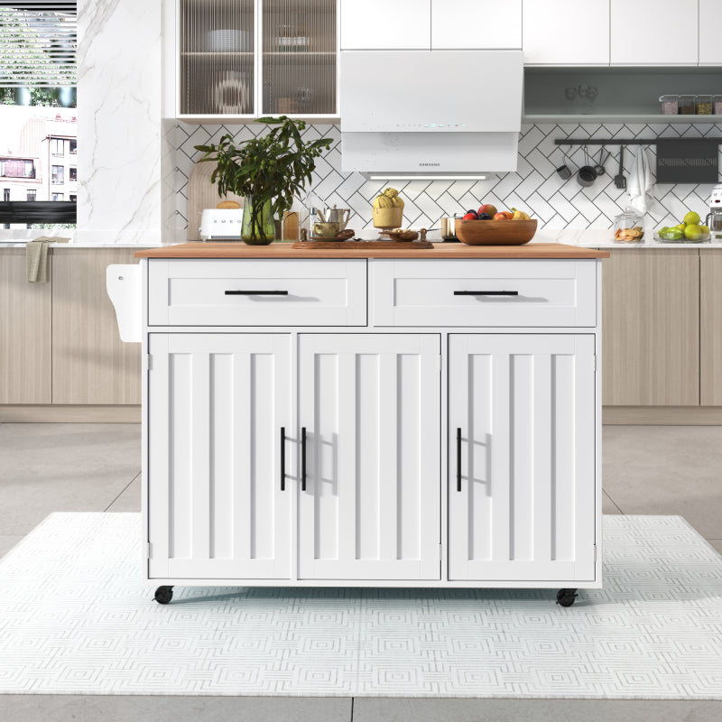 129x46(71)x91,5 cm großer Speisewagen/Sideboard, Arbeitsplatte mit Massivholzmaserung + Weiß Schrank/faltbare Arbeitsplatte/Aufbewahrungstür-Design/Räder/Massivholzfüße umschaltbar/für Zuhause geeig