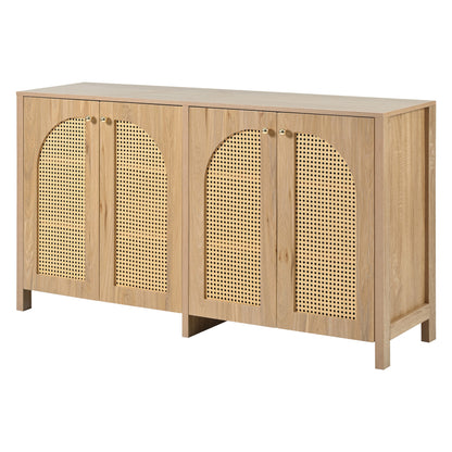 Modernes Sideboard im minimalistischen Stil 4-Rattantür, Metallgriff einfaches Buffetschrank für Esszimmer, Wohnzimmer, Küche (Naturholz)