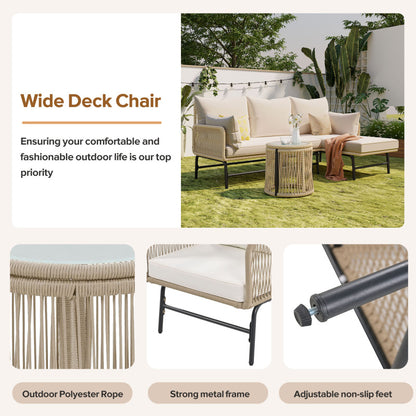 Gartenlounge-Set, Gartenmöbel-Set, Mit Eisenrahmen und beigem Seil, Gartenmöbel aus gewebtem Seil für den Außenbereich, Beige, Zwei Sessel, zwei 2-Sitzer-Sofas und zwei Tische (alle Kissen inklusive)