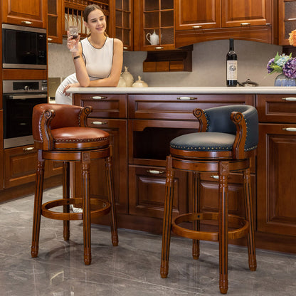 Barhocker aus Holz mit Kuhfell-Obermaterial, 360-Grad-Drehstuhl in Barhöhe mit Rückenlehne, Brown+Seat height 75cm