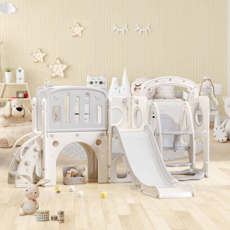 7-in-1-Rutsche für Kinder, bestehend aus Rutsche, Schaukel, Plattform, Unterschrank, Lochbohrspiel, Basketballkorb und Treppe - hochdichtes Polyethylen (Ozeanball nicht enthalten)