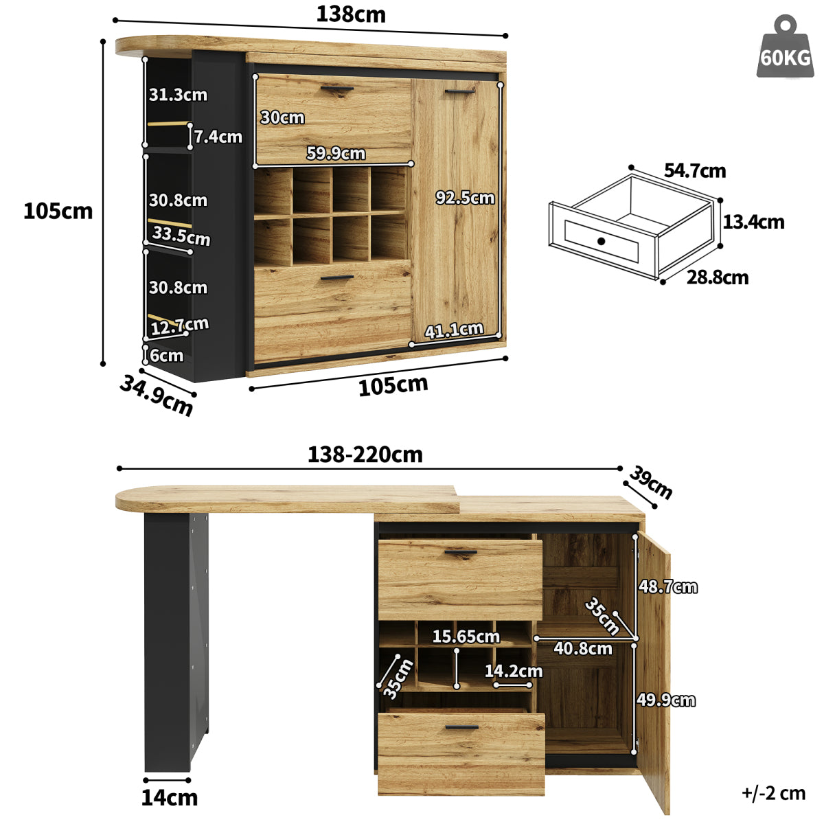 Ausziehbarer Bartisch 138-220cm Küchentisch mit Weinregal & 2 Schubladen, Stehtisch Natur Holzoptik, Multifunktionale Kücheninsel
