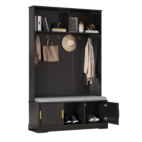 Garderobenständer mit  Schuhbank, Garderobe,  6 Dreifach-Haken,freistehend, platzsparend, für Eingangsbereich,Flur, Schwarz