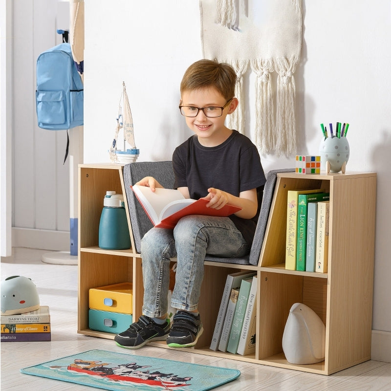 Kinderregal Bücherregal mit Sitzhocker Kindersitzbank mit 6 Fächern Sitztruhe mit 3 Kissen Spielzeugkiste ab 3 Jahren Grau+Natur