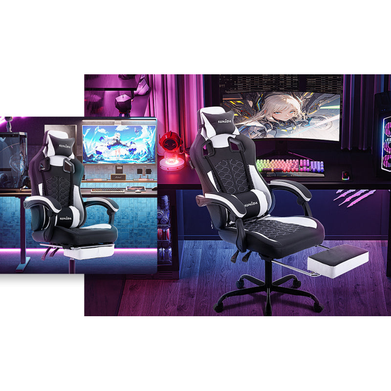 Gaming Stuhl, Ergonomischer Gaming-Stuhl mit Fußstütze, Racing Gaming Chair Kopfstütze Verstellbarer Computerstuhl Höhenverstellbar Lendenwirbelstütze für Homeoffice und Gaming Schwarz