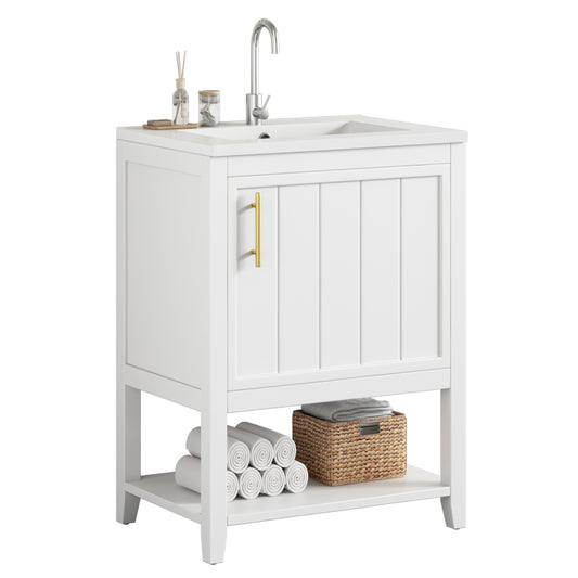 Badmöbel Einzelwaschtisch,Waschtischunterschrank 60 cm mit Keramikwaschbecken,mit Ablage,weiß
