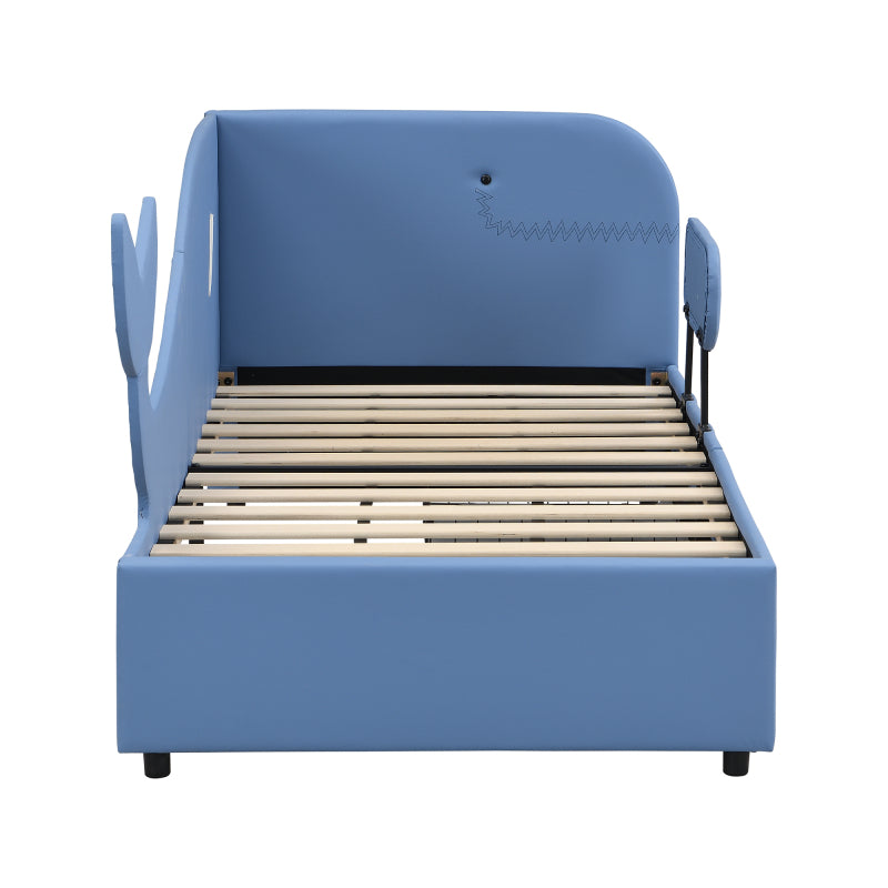Kinder-Spleißbett, Polsterbett, Tagesbett, Walförmiges Design, Schlafsofa mit Metallbettgestell, 2 Schubladen auf Rollen, PU+MDF+Sperrholz, Blau, 90x200cm