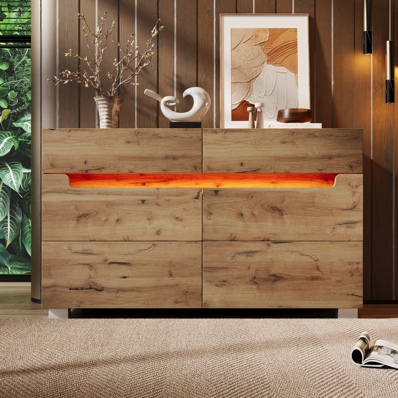 Kommode, Sideboard Holz mit 6 Schubladen, LED Beleuchtung (App Control), Mehrzweckschrank für Wohnzimmer und Schlafzimmer, 71 x 120 x 40 cm, Eiche
