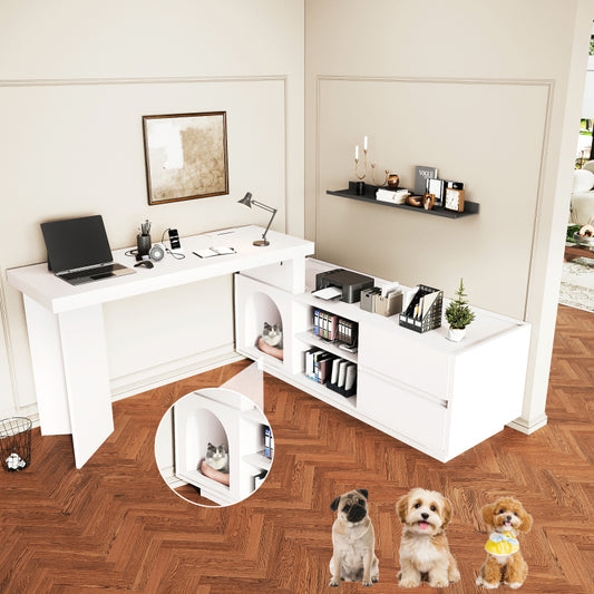Eckschreibtisch mit integriertem Tierhaus, L-förmig oder einteilig, flexible Montage, Eckschreibtisch für Home Office mit XL-Tierhöhle, White