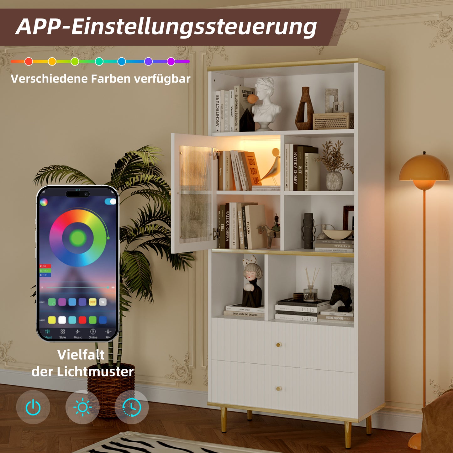 Multifunktionales Bücherregal, mehrschichtige Aufbewahrung, transparente Schranktür, zwei geräuschlose Schubladen + ferngesteuerte Farbwechsel-Lichtleiste, weiß