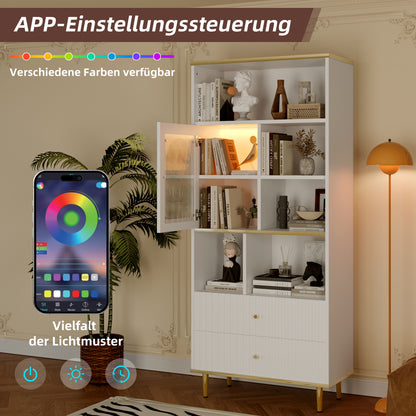 Multifunktionales Bücherregal, mehrschichtige Aufbewahrung, transparente Schranktür, zwei geräuschlose Schubladen + ferngesteuerte Farbwechsel-Lichtleiste, weiß