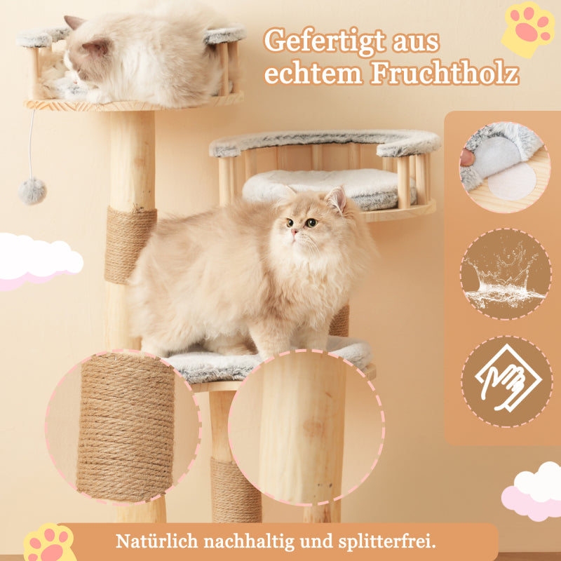 Designer Katzenklettergerüst aus Massivholz - 98 cm hoch, 3-stufiges Sprungbrett, abnehmbare Kissen und Spielbälle, Wolkenoptik-Imitation