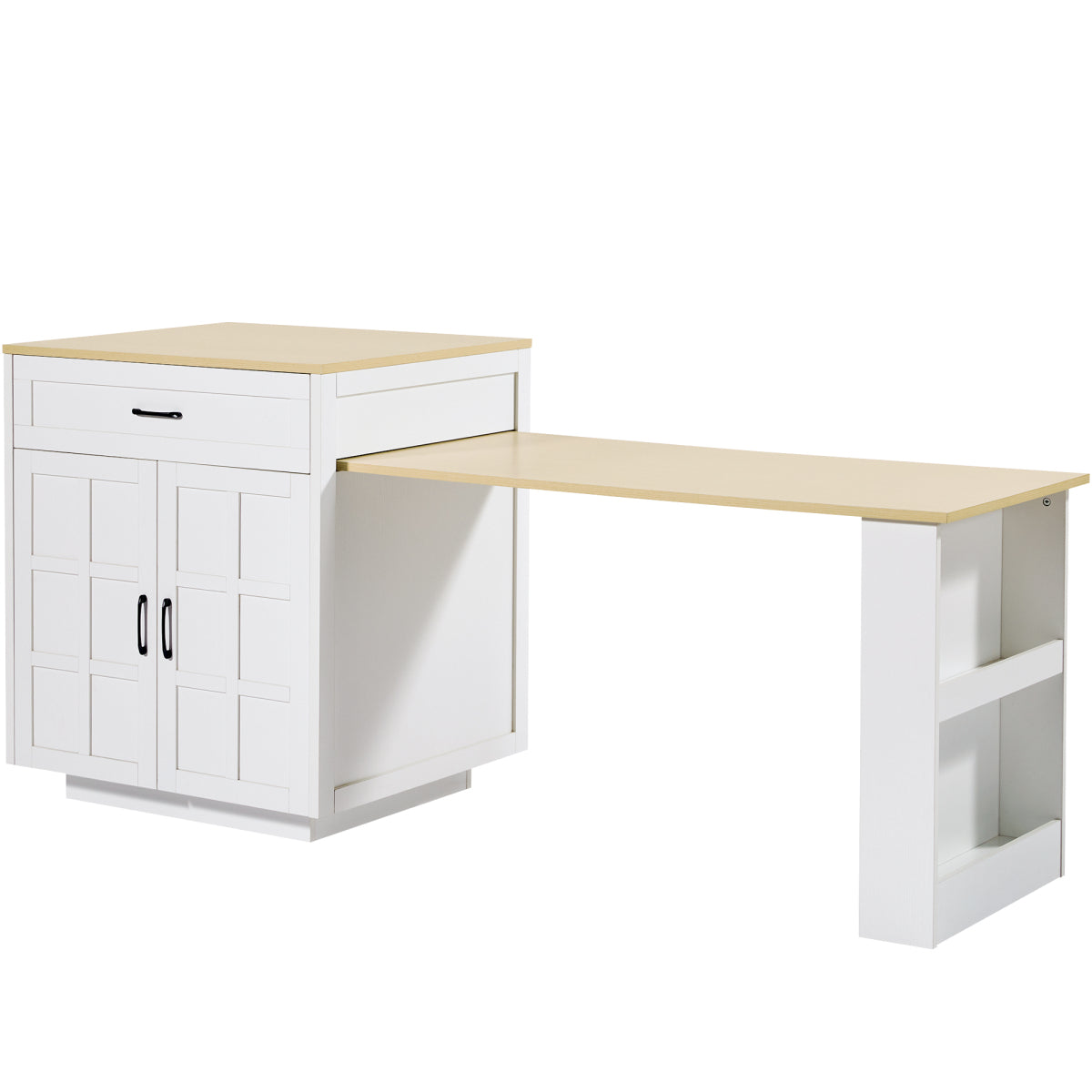 Bartisch ausziehbar 133-202cm, Kücheninsel mit Marmor-Optik & Stauraum, Esstisch für 2-6 Personen, Küchenwagen mit Schubladen & Regalen, Weiß