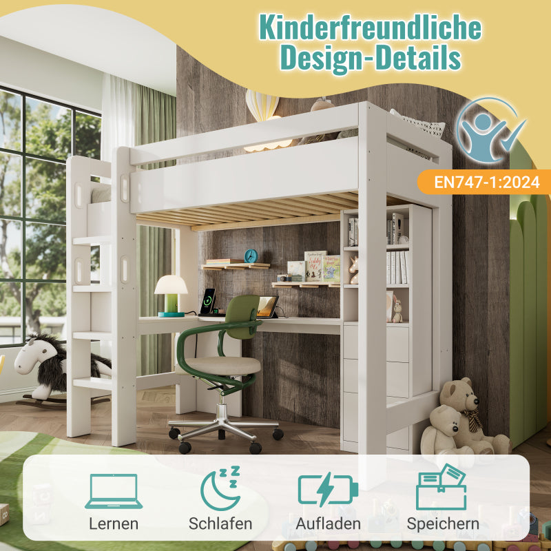 Kinderbett Hochbett mit L-förmigem Schreibtisch, Regalen und Schubladen mit USB/Type-C Ladebereich, Jugend-Einzelbett mit Leiter und Holzlattenrost, 90×200cm, Weiß, ohne Matratze.