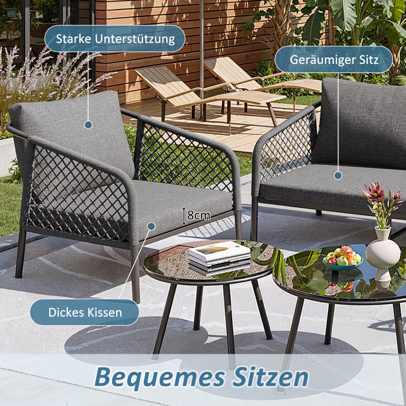 Garten-Lounge-Set, Gartenmöbel-Set aus Seil, Modernes Outdoor-Sofa-Set, graues Seil, Tischplatte aus glattem Glas, inklusive aller Sitz- und Rückenkissen,Loungemöbel, Balkonset , Garten & Terrasse
