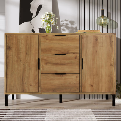 Kommode mit 2 Türen und 3 Schubladen, 120 x 40 x 76 cm in Dunkle Eiche, Verstellbare Ablage, Sideboard Highboard für Schlafzimmer & alle Wohnräume