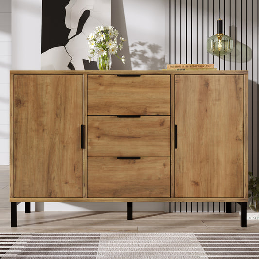 Kommode mit 2 Türen und 3 Schubladen, 120 x 40 x 76 cm in Dunkle Eiche, Verstellbare Ablage, Sideboard Highboard für Schlafzimmer & alle Wohnräume