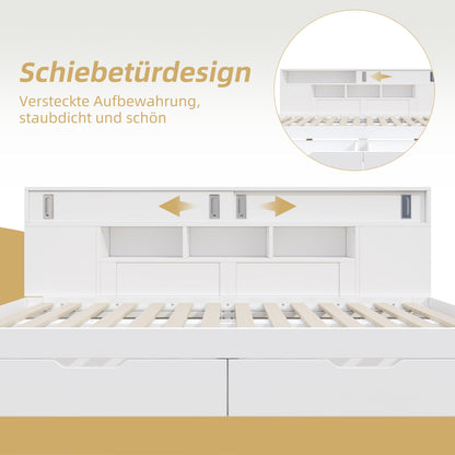 Multifunktionales Stauraumbett 90x190 cm - Daybed mit 2 Schubladen, Schiebetüren & Regalen - Stabiles Funktionsbett aus MDF bis 200kg - Weiß