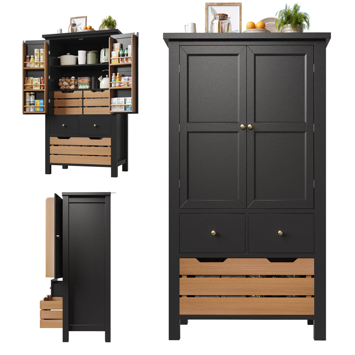 Küchenschrank 140cm hoch, Buffet-Schrank mit 2 Türen & 5 Schubladen, Mehrzweckschrank Schwarz, Sideboard Vorratsschrank mit Kippschutz, 80x40cm