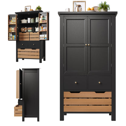 Küchenschrank 140cm hoch, Buffet-Schrank mit 2 Türen & 5 Schubladen, Mehrzweckschrank Schwarz, Sideboard Vorratsschrank mit Kippschutz, 80x40cm