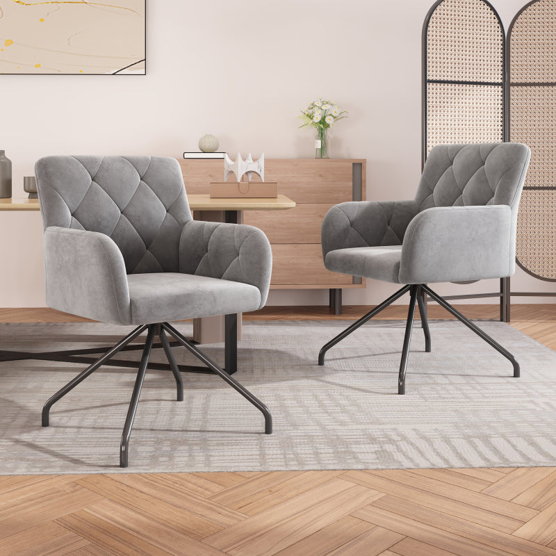2er Set Esszimmerstühle mit Rautenmuster,Gepolsterter Sessel mit 4 Metallbeinen, Lendenwirbelstütze, Samt,hellgrau