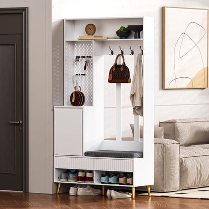 Garderoben-Set mit Schuhbank, Wandgarderobe mit 4 Haken, 2 Schubladen & Schranktür, MDF, Weiß, 100×35×180 cm