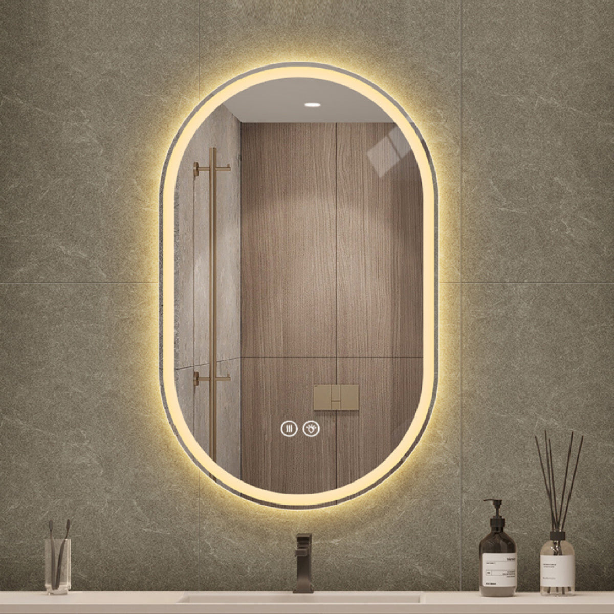 Ovaler LED Badezimmerspiegel 60×90 cm – rahmenlos, dimmbar, Anti-Beschlag, Touchscreen, Wandmontage, Smart Mirror