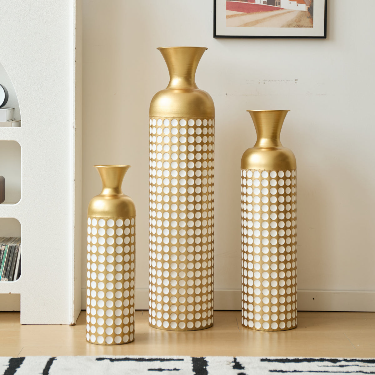 Bodenvase 3er Set Gold, Metallvase Punkte, Vintage Dekovase 83 cm, Übertöpfe groß, Standvase Gold