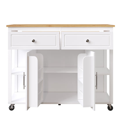 Kücheninsel mit Rollen & ausziehbarer Platte, Servierwagen Weiß/Holzoptik, 120cm Sideboard mit 7 Rollen, 2 Schubladen & verstellbaren Regalen