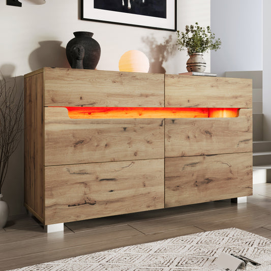 Kommode, Sideboard Holz mit 6 Schubladen, LED Beleuchtung (App Control), Mehrzweckschrank für Wohnzimmer und Schlafzimmer, 71 x 120 x 40 cm, Eiche