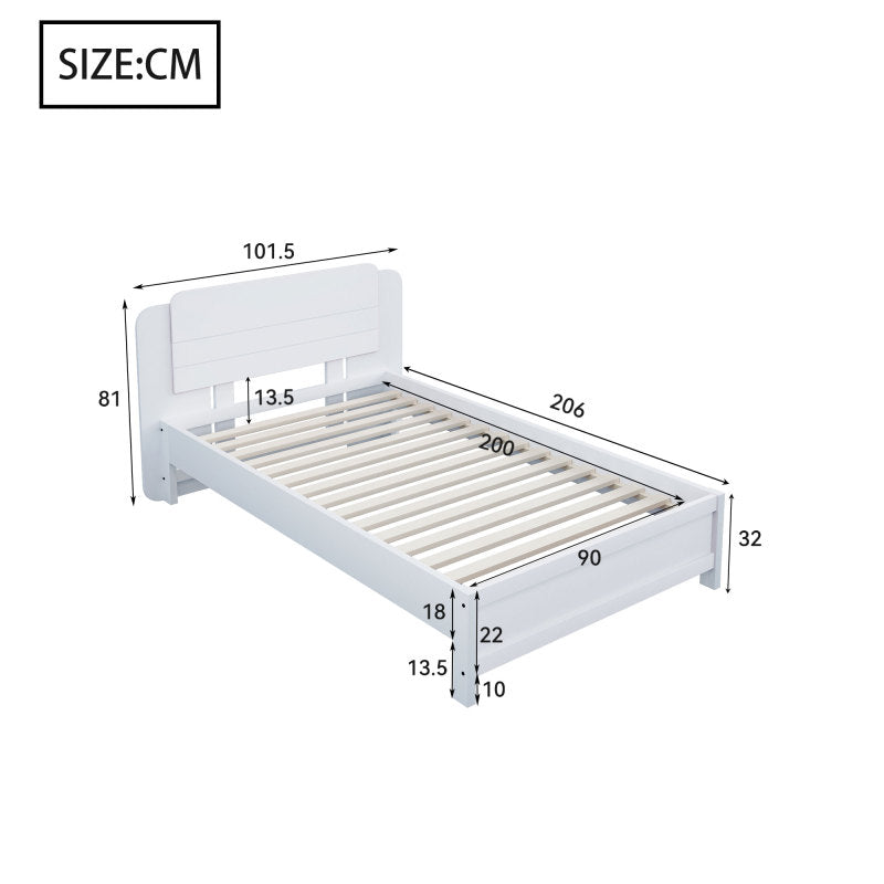 Holzbett 90*200 cm , Einzigartige und Minimalistische Form, Kopfteil mit Liniendesign, Kindereinzelbett, Weiß
