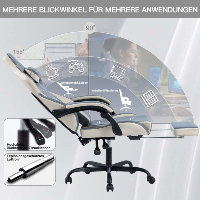 Gaming Stuhl Ergonomisch Gaming Chair Bürostuhl mit Fußstütze Racing Computerstuhl Höhenverstellbar Gepolstert Computerstuhl Lendenwirbelstütze Blaubeige