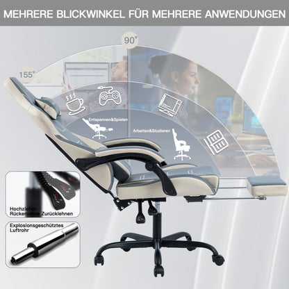 Gaming Stuhl Ergonomisch Gaming Chair Bürostuhl mit Fußstütze Racing Computerstuhl Höhenverstellbar Gepolstert Computerstuhl Lendenwirbelstütze Blaubeige