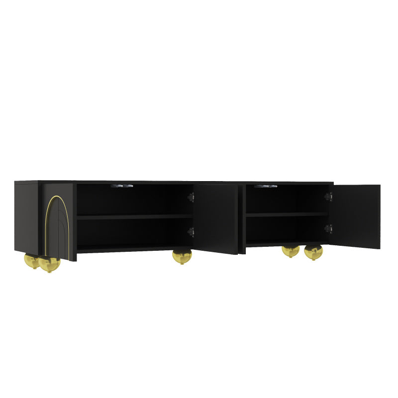 TV-Schrank, lowboard mit strukturierten Türen, goldenen Verzierungen, goldenen runden Beinen, inklusive Einlegeböden, push-to-open